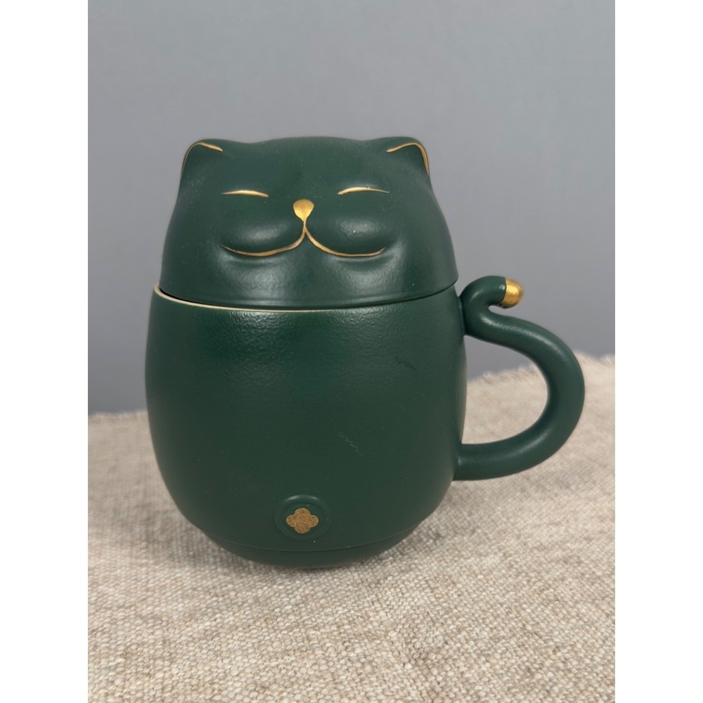 TangPin Cat Mug with Lid Dark Green Gold Accent Tea Mug Missing Infuser